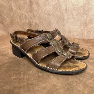 Naturalizer Low Heel Gladiator Sandals Brown Strappy Leather Floral Medallions